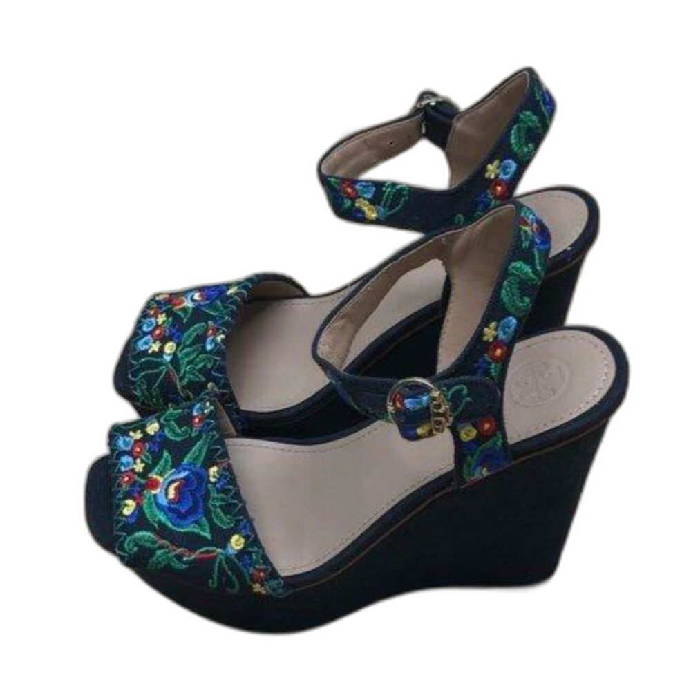 Tory Burch Sonoma Embroidered Floral Canvas Platform Wedge Sandals Ankle Strap